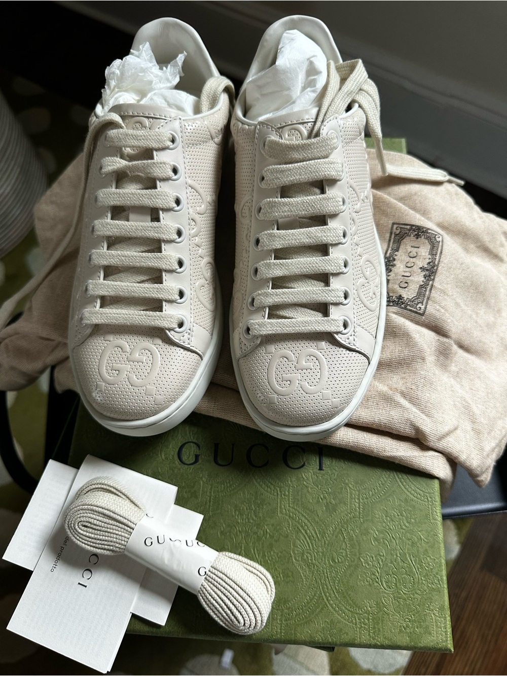 Gucci Women's Cream Leather Ace GG-Embossed Sneakers